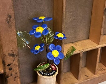 Blue Glass Flowers in Vintage Wood Spool