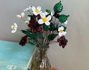 Handmade Glass Flower Bouquet  - Red & White Flowers on Copper Wire with Green Leaves