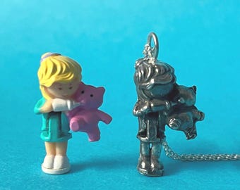Sterling Silver Polly Pocket holding a Baby Bear and Bottle Necklace