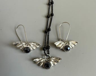 Sterling Silver Bat Necklace with Hematite  – Optional Matching Earrings