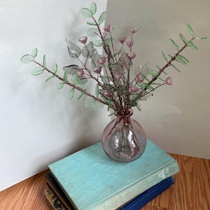 Handmade Glass Flower Bouquet  - Pale Green Eucalyptus, Purple Bells, & Grey leaves on Copper Wire