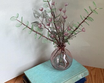 Handmade Glass Flower Bouquet  - Pale Green Eucalyptus, Purple Bells, & Grey leaves on Copper Wire