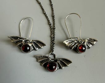 Sterling Silver Bat Necklace with Garnet – Optional Matching Earrings