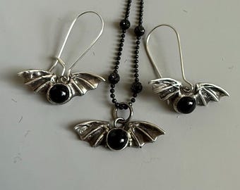 Sterling Silver Bat Necklace with Onyx – Optional Matching Earrings