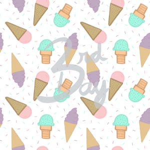 May include: A seamless pattern featuring various ice cream cones with pink, purple, and green ice cream. The background is white with pink, purple, and blue sprinkles. The text "3rd Day" is written in a gray font.