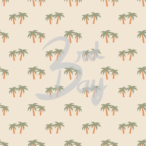 May include: A beige background with a repeating pattern of green palm trees. The text "Good Day" is written in a large, stylized font over the pattern.