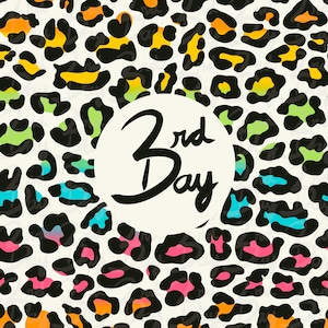 May include: A white background is covered with a colorful leopard print pattern. The spots are black with accents of orange, yellow, green, blue, and pink. A white circle in the center contains the text "3rd Day" in black script.