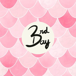 Puede incluir: Fondo de color rosa y blanco con un patrón de escamas de sirena. En el centro, un círculo blanco con el texto "3rd Day" en negro.
