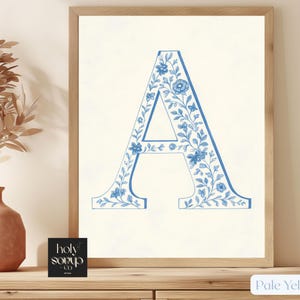 Chinoiserie Custom Letter Wall Art, Coastal Light Blue Granddaughter Gift, Cowgirl Coastal Print, Custom Blue Monogram Artwork Gift for Her
