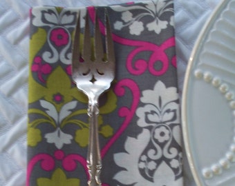 Cotton Luncheon Napkins - Set of 4 - Grey, Pink, and Green