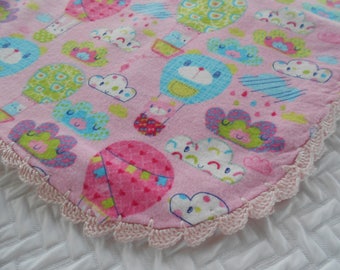 Pink Flannel Baby Blanket: Hot Air Balloons, Crochet Trim