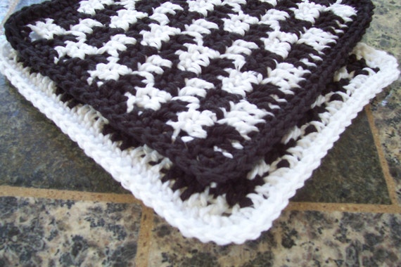 Two Crochet Cotton Kitchen Dishcloths, Black and White Gingham