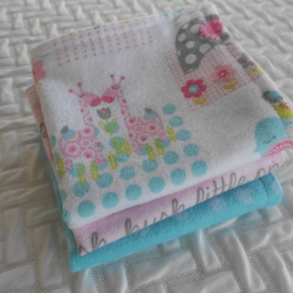 Flannel Washcloths, Baby Zoo Animals, Set of 3 Washcloths, Baby Wipes, Baby Girl Washcloths, Baby Shower Gift, Pink and Blue Washcloths