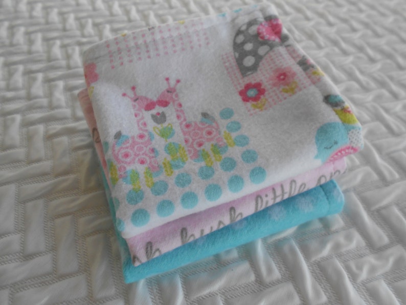 Flannel Washcloths, Baby Zoo Animals, Set of 3 Washcloths, Baby Wipes, Baby Girl Washcloths, Baby Shower Gift, Pink and Blue Washcloths image 1