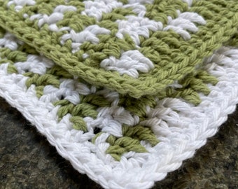 Crochet Cotton Dishcloths, Sage Green and White Gingham Check