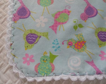 Blue Bird Baby Blanket: Crochet Edge Flannel Receiving Blanket