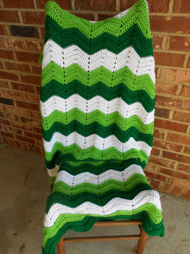 Crochet Afghan Green and White Chevron Afghan St Patrick/'s Day Afghan Crochet Lap Throw,