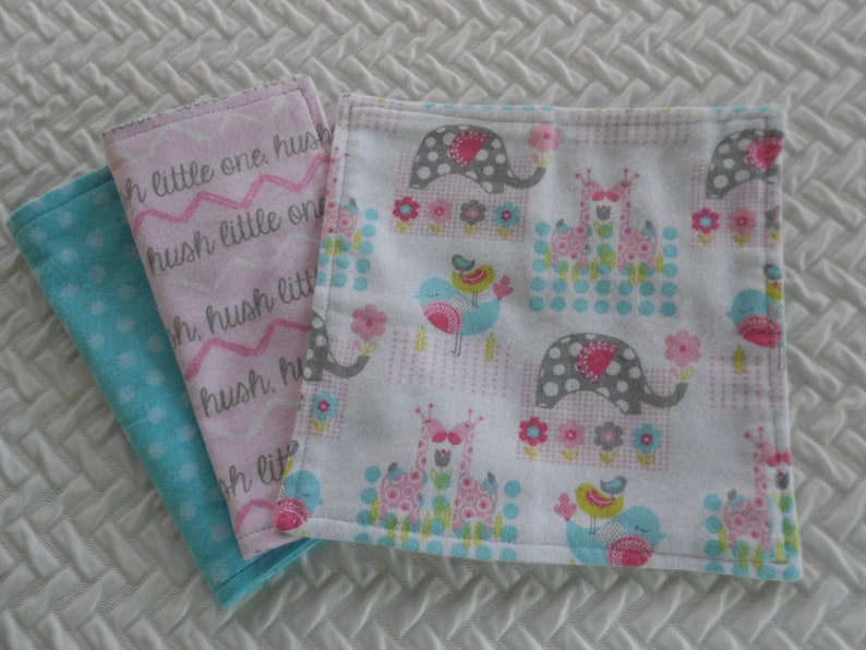 Flannel Washcloths, Baby Zoo Animals, Set of 3 Washcloths, Baby Wipes, Baby Girl Washcloths, Baby Shower Gift, Pink and Blue Washcloths image 2