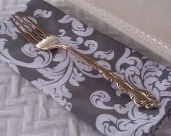 Dinner Napkins, Elegant Damask Patterned Napkins, Grey and White Napkins, Cloth Napkins, Gray Fabric Napkins, Set of 4 Four Napkins