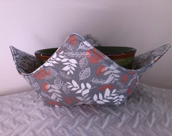 Microwave Bowl Cozy, Soup Bowl Warmer, Ice Cream Bowl Holder, Leaves on Gray, Bowl Cozie, Reversible, Fabric Cozy, Hot Cold Bowl Cove