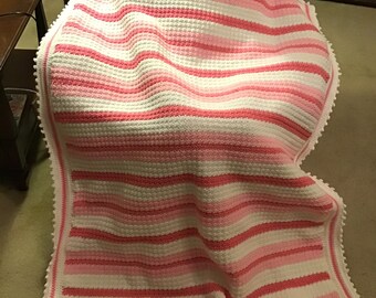 Crochet Pink and White Striped Afghan: Handmade Throw Blanket