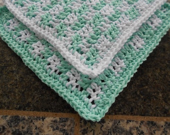Two Crochet Cotton Kitchen Dishrags, Aqua and White Gingham Dishcloth , Small Dishcloths, Cottage Chic, Farmhouse Kitchen Dishcloth