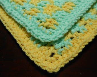 Two Crochet Cotton Dishcloths, Yellow and Green Gingham, Square Dishcloth, Kitchen Dishrag, Small Dishcloth, Cottage Chic Dishcloth