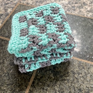Crochet Cotton Dishcloths, Beach Glass Blue and Gray Gingham Check Dishrags