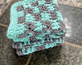 Crochet Cotton Dishcloths, Beach Glass Blue and Gray Gingham Check Dishrags