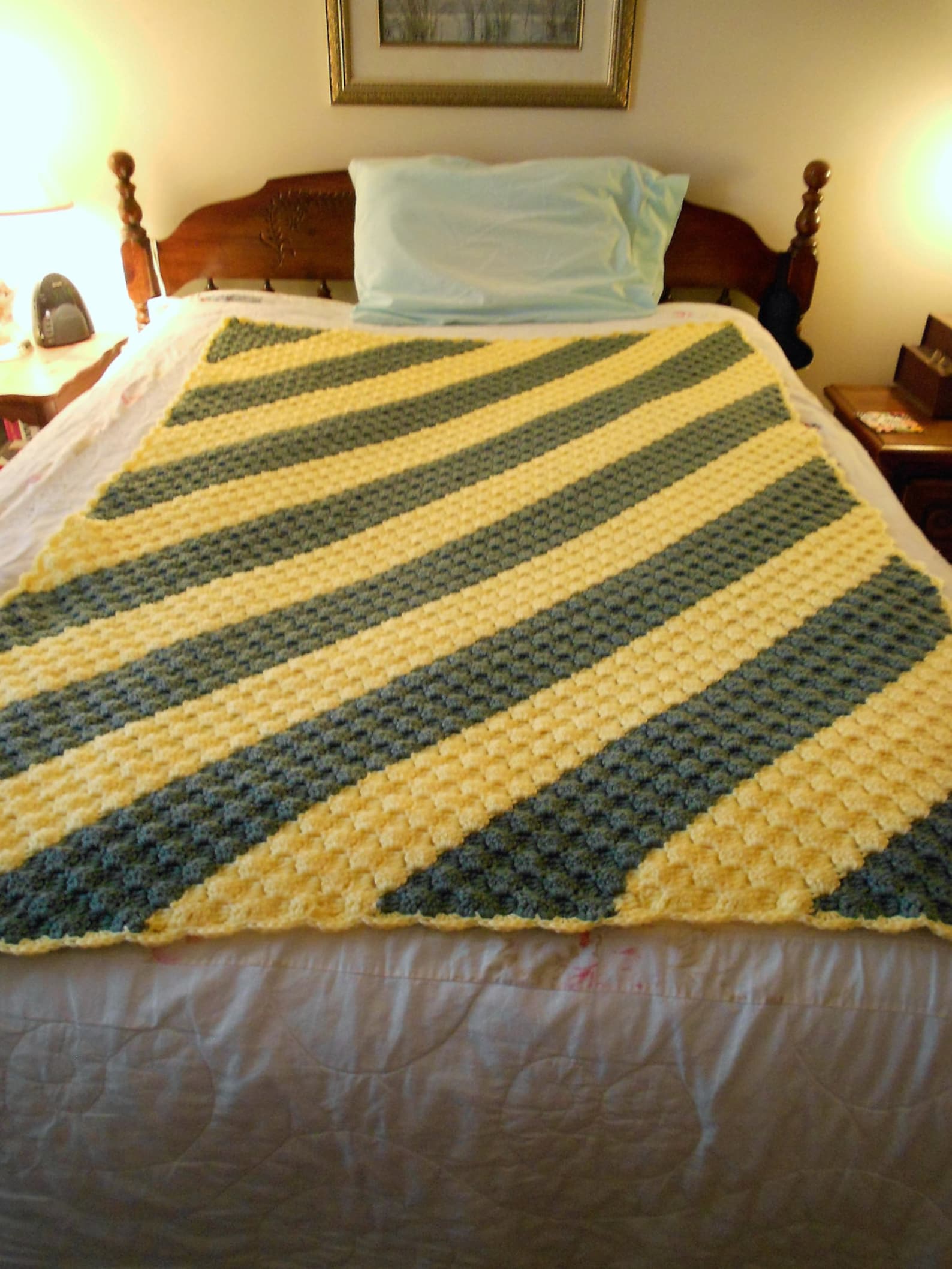 Crochet Afghan Green and Yellow Stripe Afghan Diagonal Etsy