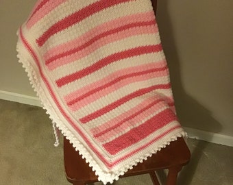 Crochet Afghan, Pink and White Stripes Blanket, Pinks and White Throw