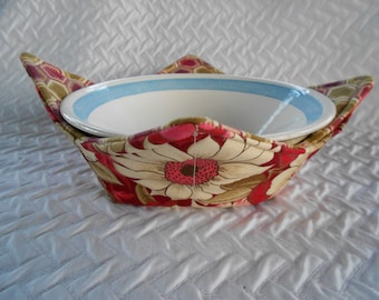 Microwave Bowl Cozy, Red Flowers Bowl, Soup Bowl Warmer, Ice Cream Bowl Holder, Hot Cold Bowl Cover, Fabric Bowl Cozie, Reversible Cozy
