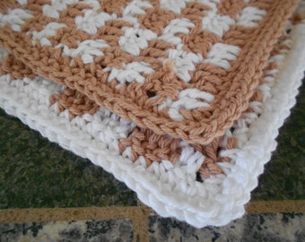 Two Crochet Cotton Dishcloths, Tan Taupe and White Gingham, Square Dishcloth, Kitchen Dishrag, Small Dishcloth, Farmhouse Kitchen Dishrag