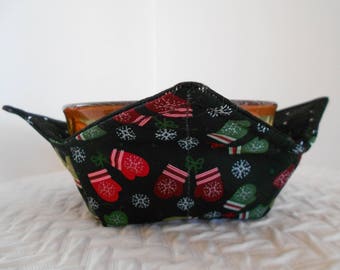 Microwave Bowl Cozy, Winter Mittens, Soup Bowl Warmer, Ice Cream Bowl Holder, Bowl Cozie, Reversible, Fabric Cozy, Hot Cold Bowl Cover