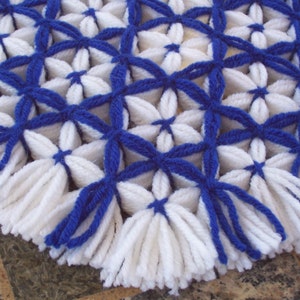 Puede incluir: Una alfombra de crochet blanca y azul con un patrón de flores. La alfombra está hecha de hilo y tiene flecos alrededor de los bordes.