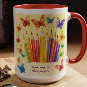 Teacher Appreciation Coffee Mug: Butterfly & Pencil Design, 15oz