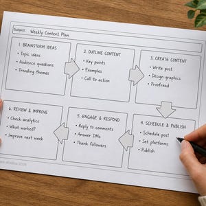 Puede incluir: Un diagrama del plan de contenido semanal en una hoja de papel blanca. El plan se divide en seis pasos: Lluvia de ideas, Esquema del contenido, Crear contenido, Programar y publicar, Interactuar y responder, y Revisar y mejorar. Una mano sostiene un bolígrafo negro.