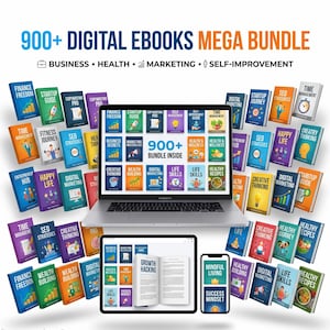 May include: A digital product bundle featuring a laptop, tablet, and smartphone displaying various ebook covers. The text reads 900+ DIGITAL EBOOKS MEGA BUNDLE, BUSINESS, HEALTH, MARKETING, SELF-IMPROVEMENT, and 900+ BUNDLE INSIDE. Numerous ebook covers surround the devices.
