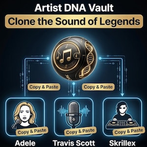 Puede incluir: Un gr&aacute;fico digital titulado Artist DNA Vault Clone the Sound of Legends con una esfera negra central con notas musicales y una h&eacute;lice de ADN doradas. Debajo, tres recuadros muestran ilustraciones de Adele, un micr&oacute;fono y Skrillex con Copy & Paste.