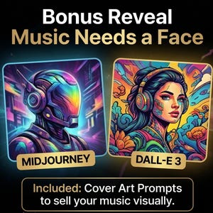 Puede incluir: Una pantalla gr&aacute;fica con el texto Bonus Reveal Music Needs a Face. Se muestran dos im&aacute;genes cuadradas: una etiquetada como Midjourney que muestra una figura rob&oacute;tica colorida con auriculares, y otra DALL-E 3 con una persona con auriculares.