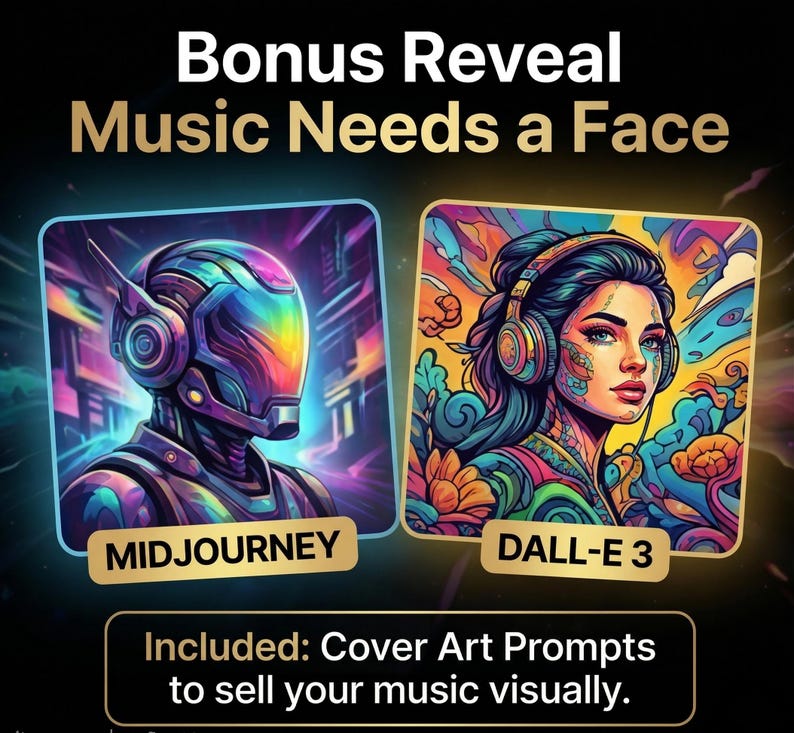 Puede incluir: Una pantalla gr&aacute;fica con el texto Bonus Reveal Music Needs a Face. Se muestran dos im&aacute;genes cuadradas: una etiquetada como Midjourney que muestra una figura rob&oacute;tica colorida con auriculares, y otra DALL-E 3 con una persona con auriculares.