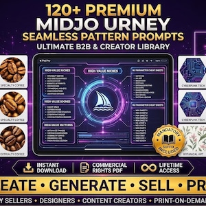 May include: A digital library of 120+ premium Midjourney seamless pattern prompts featuring a central tablet display with high-value niche categories, various coffee bean images, cyberpunk tech patterns, and botanical art designs for commercial use.