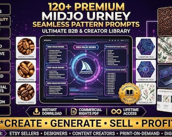 May include: A digital library of 120+ premium Midjourney seamless pattern prompts featuring a central tablet display with high-value niche categories, various coffee bean images, cyberpunk tech patterns, and botanical art designs for commercial use.