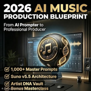 Puede incluir: Un gr&aacute;fico digital titulado 2026 AI MUSIC PRODUCTION BLUEPRINT From AI Prompter to Professional Producer. Presenta una esfera negra con notas musicales doradas y una h&eacute;lice de ADN, junto con texto que enumera 1,000+ Master Prompts, Suno v5.5 Architecture, Artist DNA Vault y Bonus Masterclass.