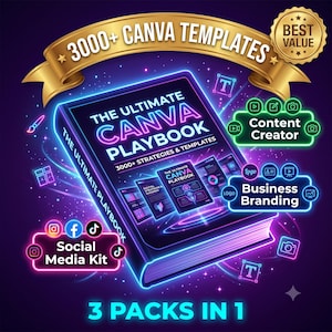 May include: A digital product bundle featuring a book titled The Ultimate Canva Playbook with 3000+ templates. It includes neon-style labels for Content Creator, Business Branding, and Social Media Kit, all set against a dark purple starry background.
