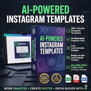 May include: A digital product box labeled AI-POWERED INSTAGRAM TEMPLATES next to a laptop displaying an editor interface. The box features neural network graphics and text listing features like 300+ Editable Instagram Templates and AI-Generated Graphics Pack.