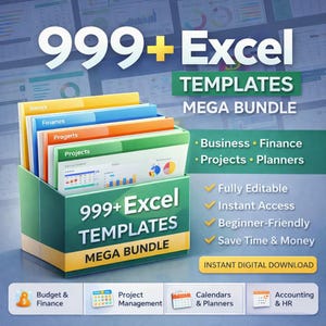 May include: A digital product bundle featuring 999+ Excel Templates Mega Bundle with colorful file folders labeled Banes, Finanes, Pragerts, and Projects. The graphic includes text for Business, Finance, Projects, Planners, and Instant Digital Download.