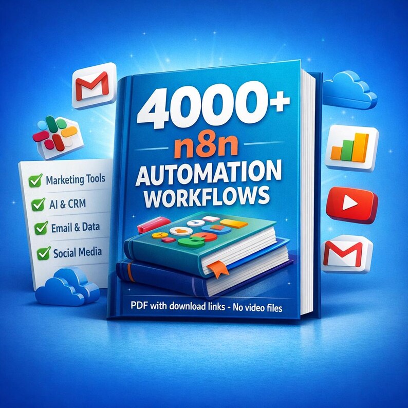 May include: A blue book titled 4000+ n8n AUTOMATION WORKFLOWS with a smaller book on top, surrounded by floating icons for Gmail, Slack, and other software. A white list displays Marketing Tools, AI & CRM, Email & Data, and Social Media categories.