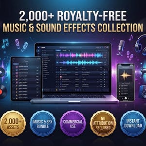 Könnte beinhalten: Eine digitale Sammlung von über 2.000 lizenzfreien Musikstücken und Soundeffekten auf Laptop, Tablet und Smartphone. Fünf runde Abzeichen darunter listen Funktionen auf: 2.000+ Assets, Musik- und SFX-Paket, kommerzielle Nutzung, keine Namensnennung erforderlich, sofortiger Download.
