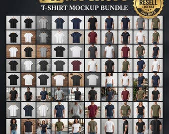 May include: A digital collection of 945 t-shirt mockups displayed in a grid format. The bundle includes various solid-colored shirts in black, white, gray, blue, and red. A gold seal in the top right corner states Commercial Resell License Included.